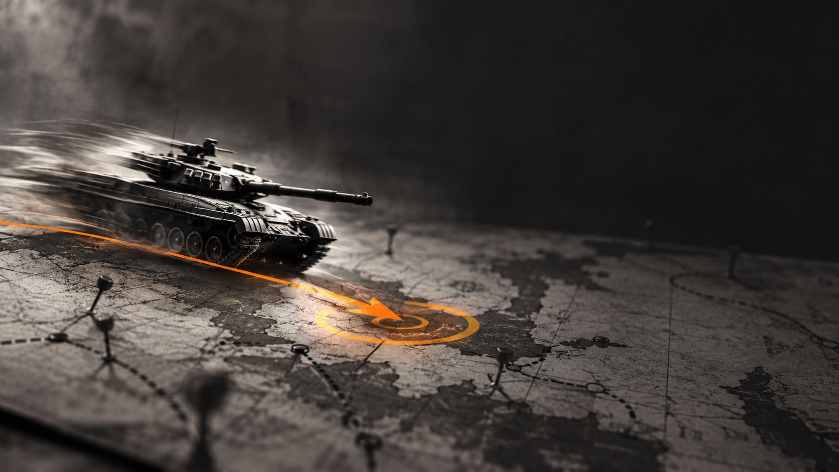 Un tanque de estrategia avanzando sobre un mapa hacia una diana naranja — la guerra del marketing